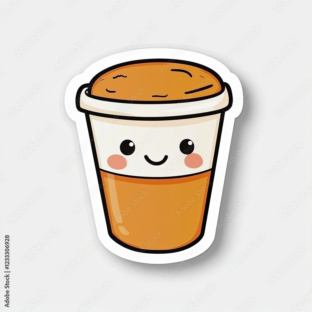 A cute sticker of a coffee cup with a smiley face on a white background A cute sticker of a coffee cup with a smiley face on a white background