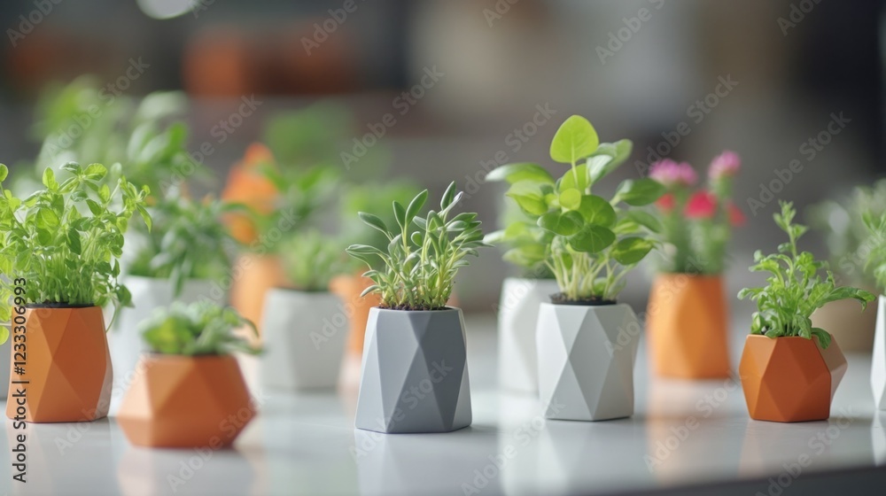 Geometric planters filled with small green plants add a modern touch to any space. Geometric planters filled with small green plants add a modern touch to any space.
