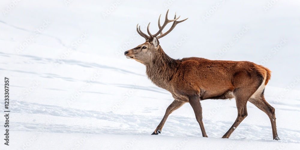 Red deer, white backdrop, rule of thirds framing. Red deer, white backdrop, rule of thirds framing.