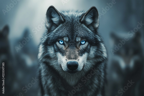 Mystic blue-eyed wolf with crystal-like icy eyes