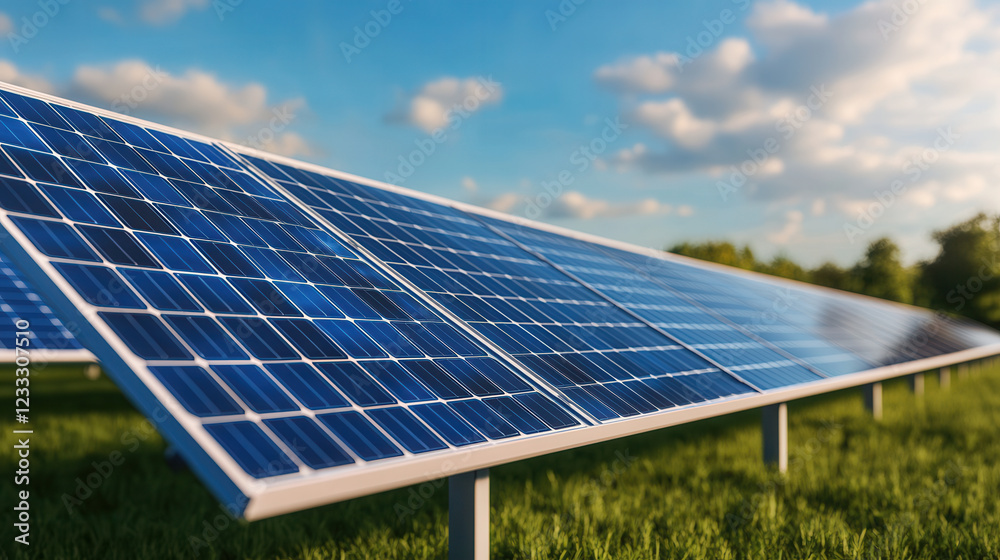 Solar panels in green field under blue sky with clouds Solar panels in green field under blue sky with clouds