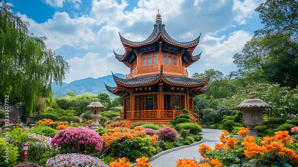 garden featuring a red pagoda with golden accents and a peaceful ambiance garden featuring a red pagoda with golden accents and a peaceful ambiance