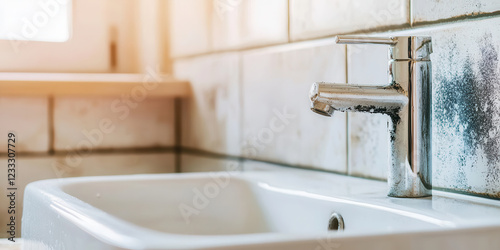 close up of ceramic sink with black mold and chrome faucet, showing dampness photo