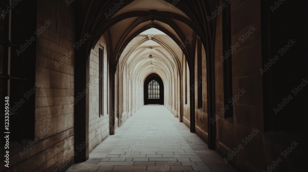 Serene corridor with arched ceilings, softly illuminated, leading to a darkened exit in a historic building Serene corridor with arched ceilings, softly illuminated, leading to a darkened exit in a historic building