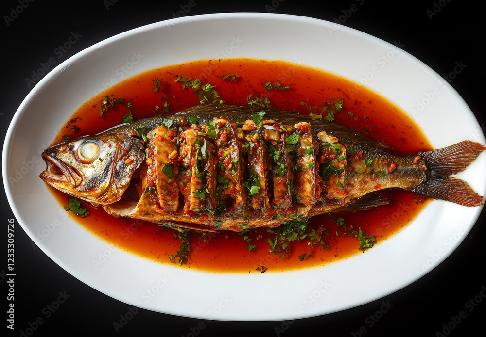 Delicious fish dishes on a white plate. The fish is garnished with red and green chili peppers and coriander leaves, and the soup is rich and attractive in color. Delicious fish dishes on a white plate. The fish is garnished with red and green chili peppers and coriander leaves, and the soup is rich and attractive in color.