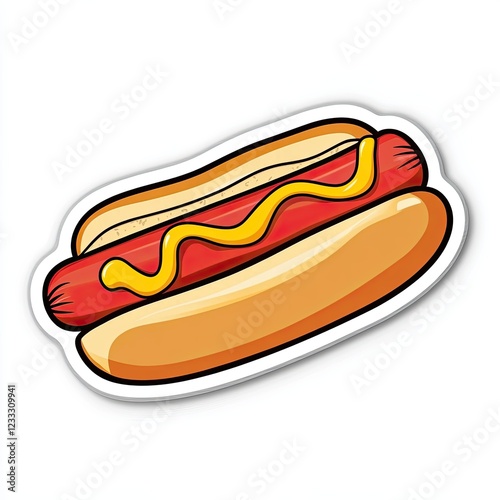 A cute sticker of a hot dog with mustard on a white background