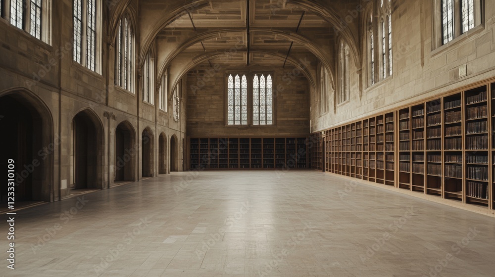 Obraz premium Spacious historic library interior with high ceilings, wooden bookshelves, and natural light