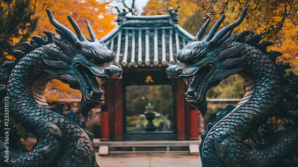 Fototapeta premium of a traditional Chinese temple with dragon statues at its entrance
