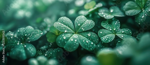 Dewy clovers, lush garden, spring