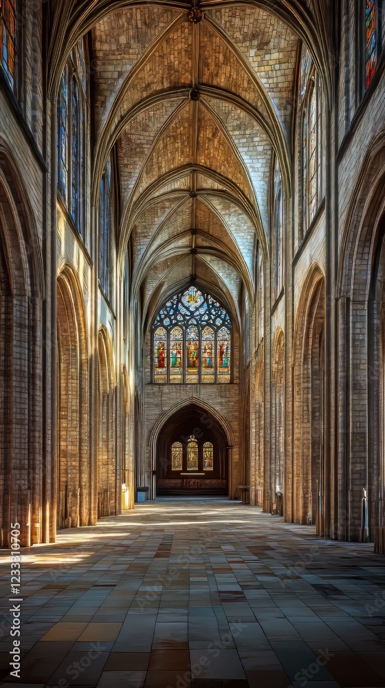 Sunlit stone church aisle Sunlit stone church aisle