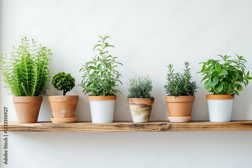 Variety of houseplants in pots on shelf Variety of houseplants in pots on shelf