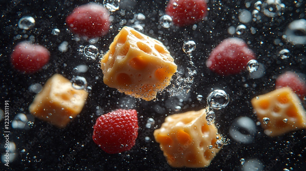 Cheese cubes and strawberries float in bubbly water; food photography Cheese cubes and strawberries float in bubbly water; food photography