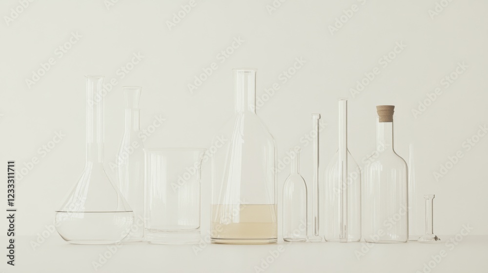 Various laboratory glassware arranged on a clean surface with soft lighting, ideal for scientific themes Various laboratory glassware arranged on a clean surface with soft lighting, ideal for scientific themes