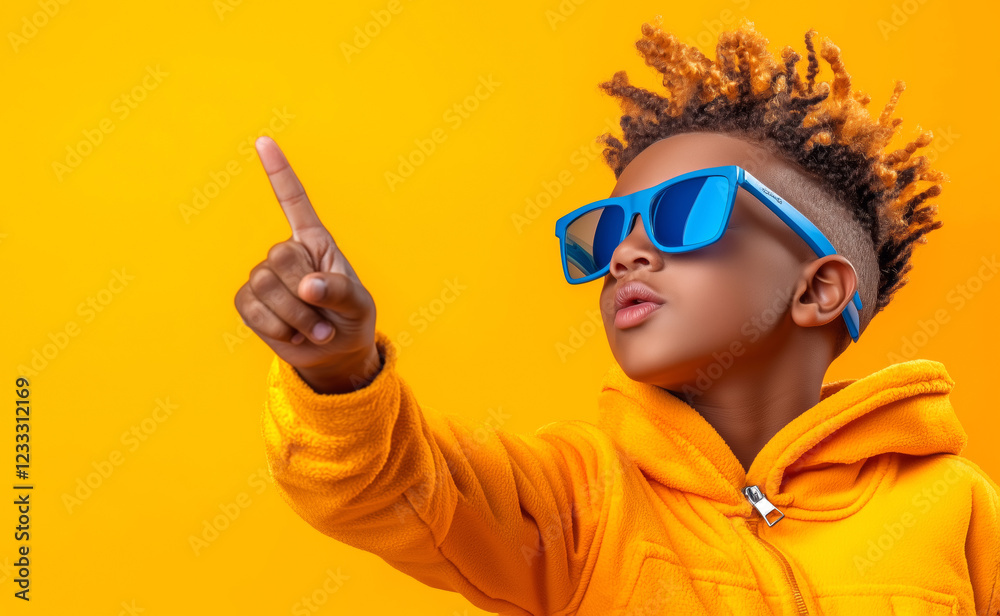 Young boy pointing joyfully in front of a vibrant backdrop Young boy pointing joyfully in front of a vibrant backdrop