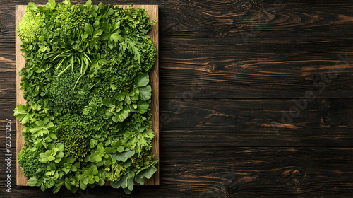 Lush green vertical garden on wood, dark background, copy space