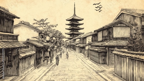 Kyoto, Japan. Vector hand drawn illustration in vintage style.