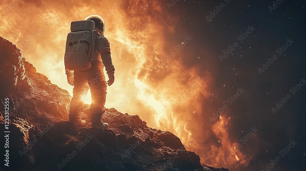 Fototapeta premium Astronaut explores fiery alien planet, space background
