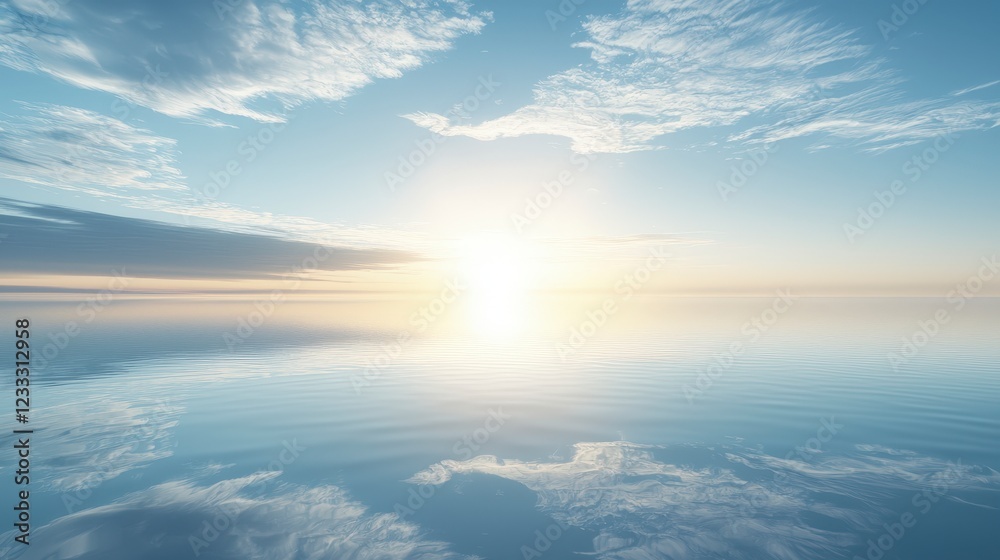 Serene Sunrise Over Calm Waters with Reflection and Soft Clouds Serene Sunrise Over Calm Waters with Reflection and Soft Clouds