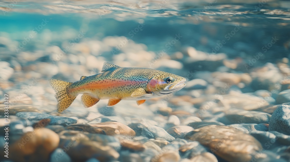 Naklejka premium Rainbow trout swimming in a crystal-clear stream.