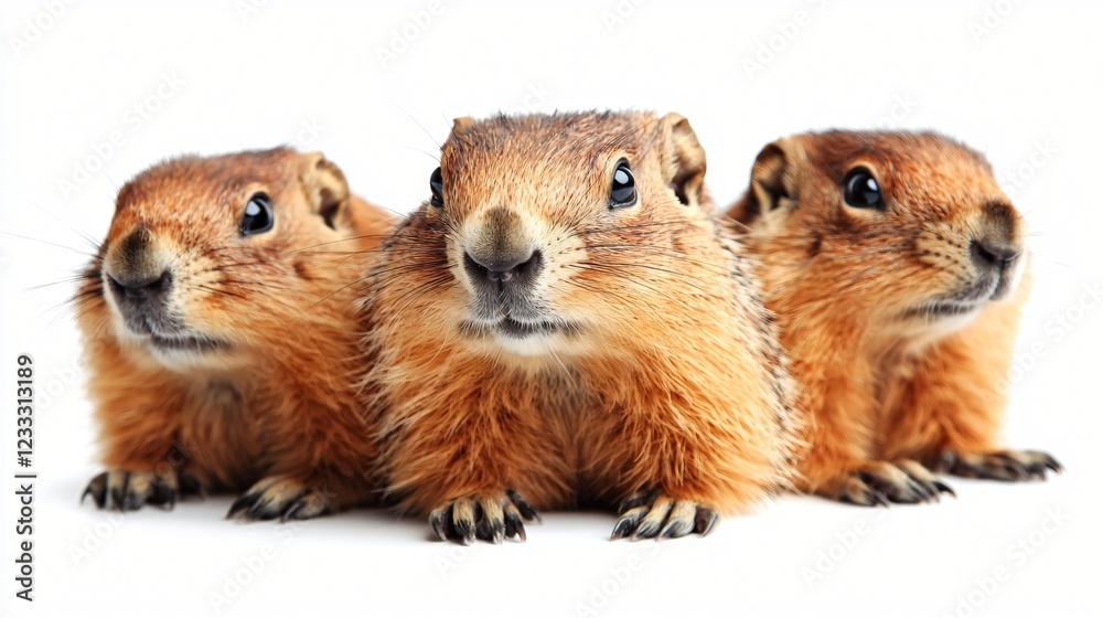 Three Brown Furry Marmots Standing Together Looking Forward On White Background Studio Shot.