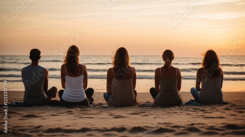 Five individuals leisurely enjoying the beach at sunset facing the sea