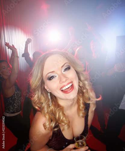 Photography Woman, club and happy celebration in portrait, alcohol and dancing confidence with music at venue
