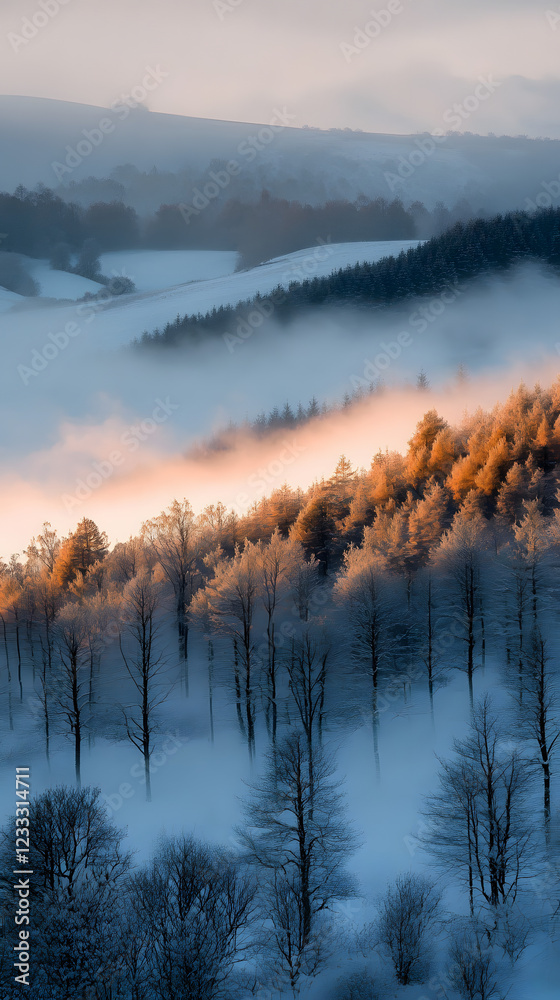 Fototapeta premium Calming Winter Landscape with Light Snow and Hovering Mist