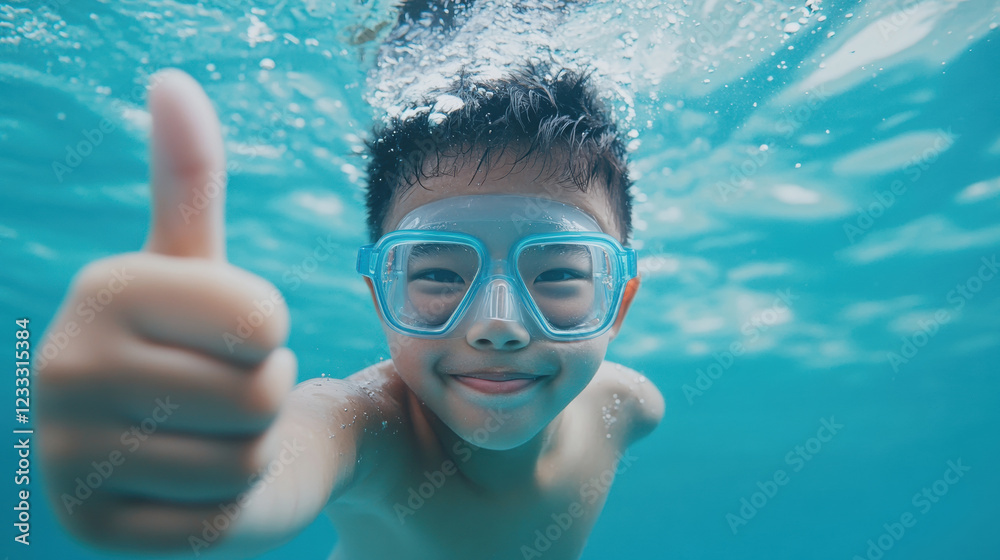 Naklejka premium boy in swim goggles underwater giving thumbs up, showcasing joy and excitement