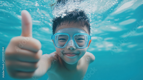 boy in swim goggles underwater giving thumbs up, showcasing joy and excitement