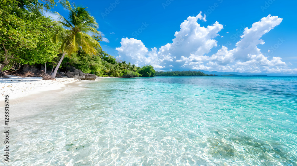 Fototapeta premium Tropical beach paradise calm turquoise water, white sand, palm trees, sunny sky
