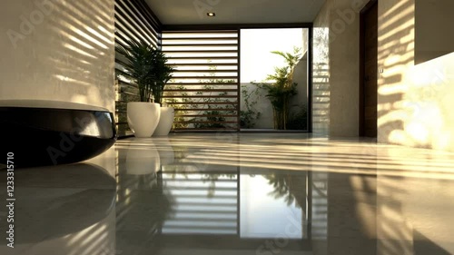 Sunlit Modern Interior Design: Polished Floors Reflecting Light and Plants