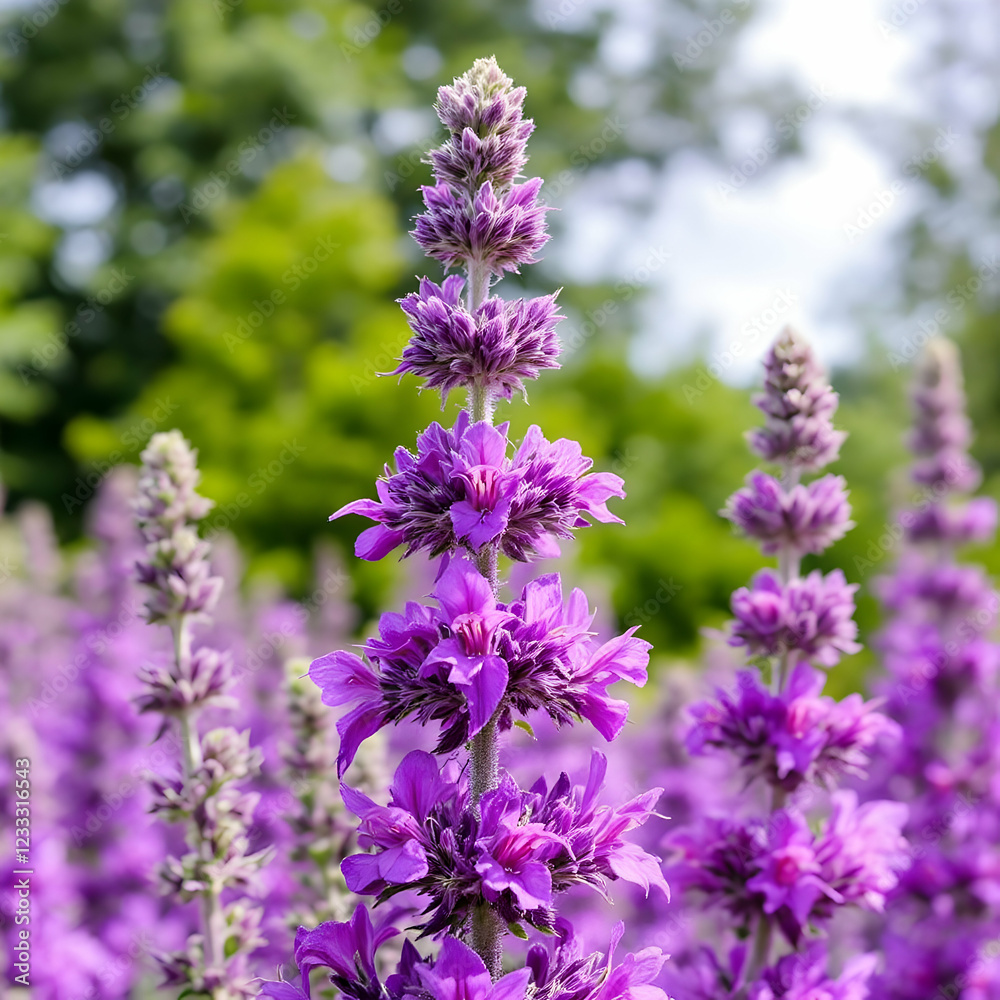 Vibrant purple flowers blooming in a sunlit meadow surrounded by lush green foliage Vibrant purple flowers blooming in a sunlit meadow surrounded by lush green foliage