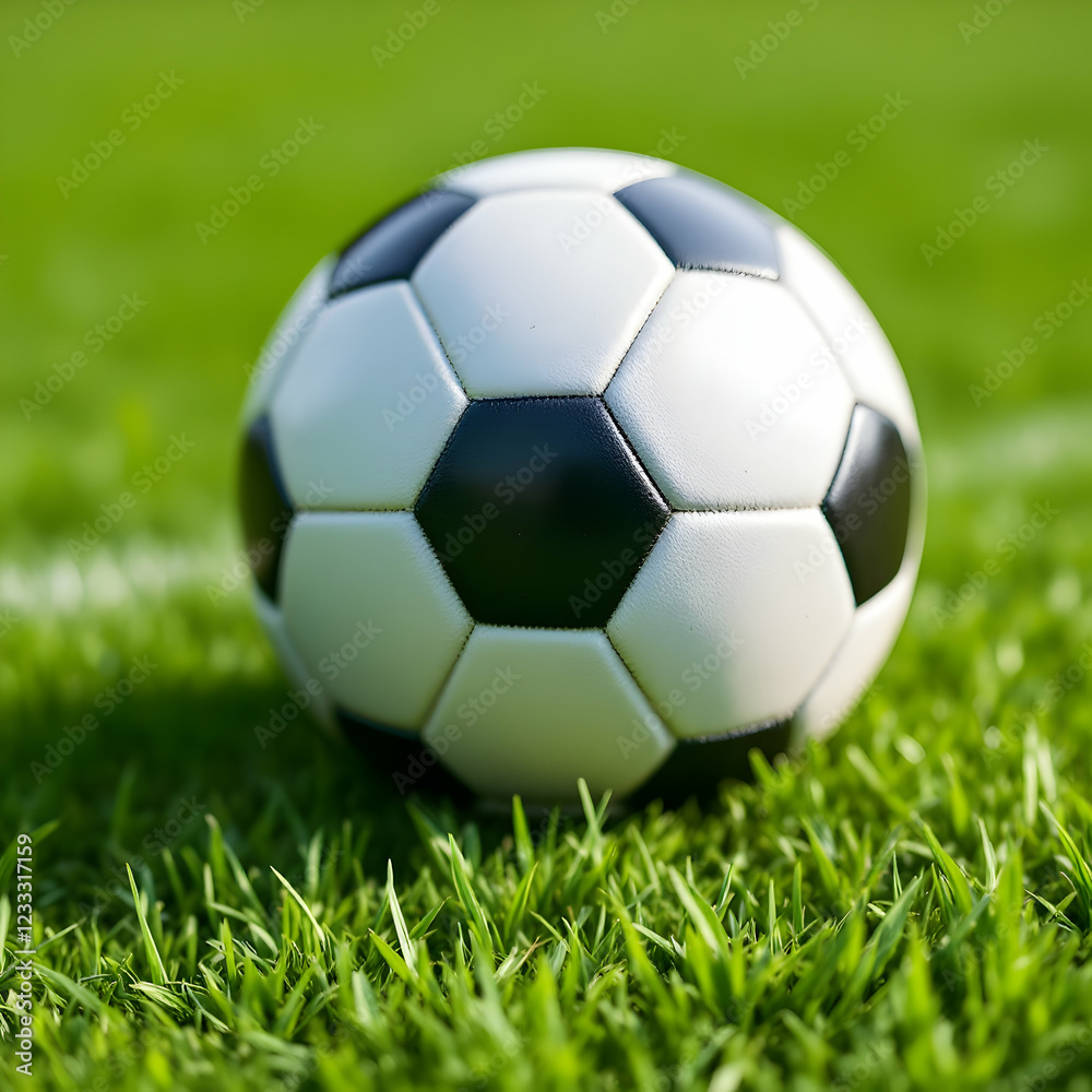 Obraz premium Soccer ball resting on freshly cut grass in vibrant green field during outdoor sports event