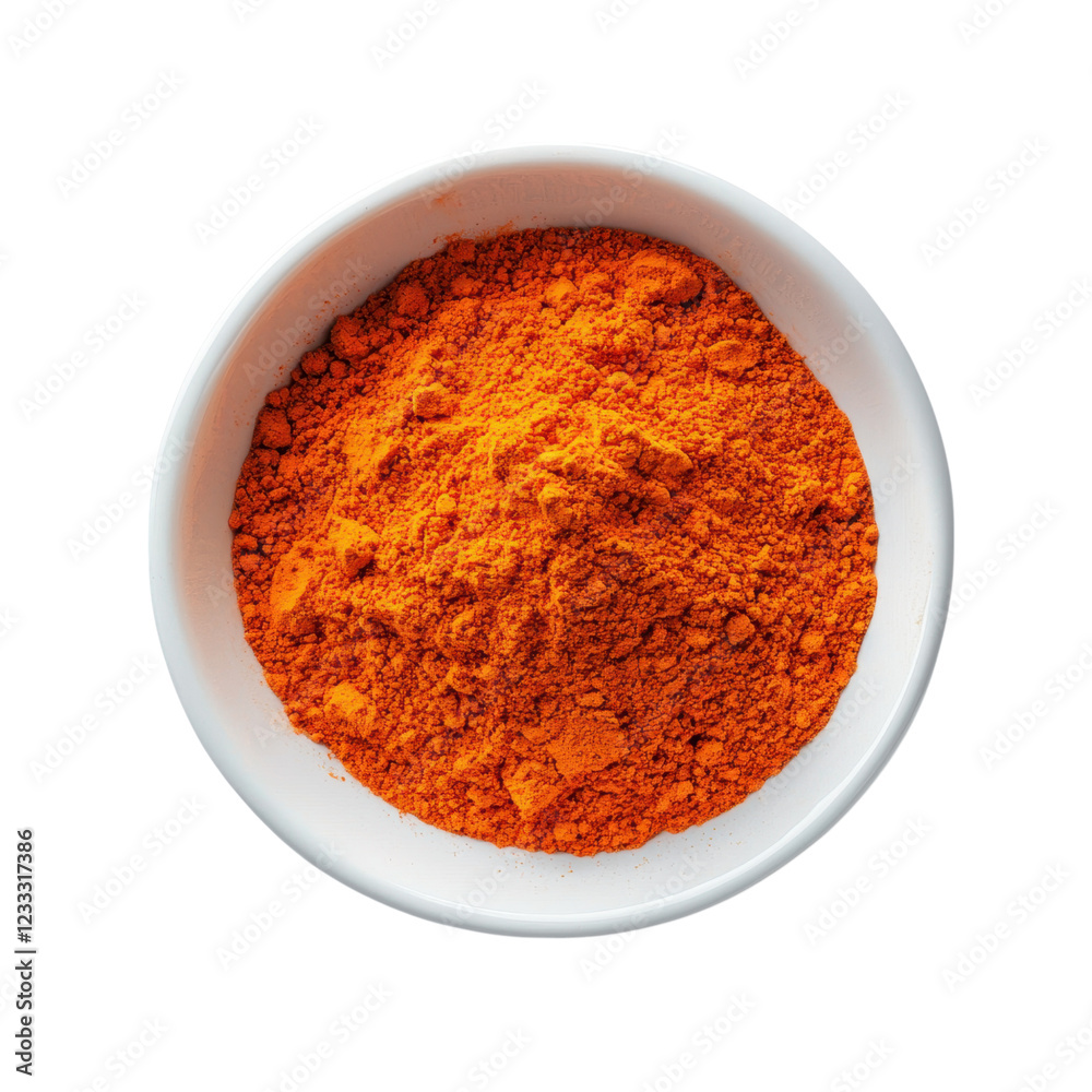 Vibrant Orange Spice Powder in White Bowl on Isolated Background Vibrant Orange Spice Powder in White Bowl on Isolated Background