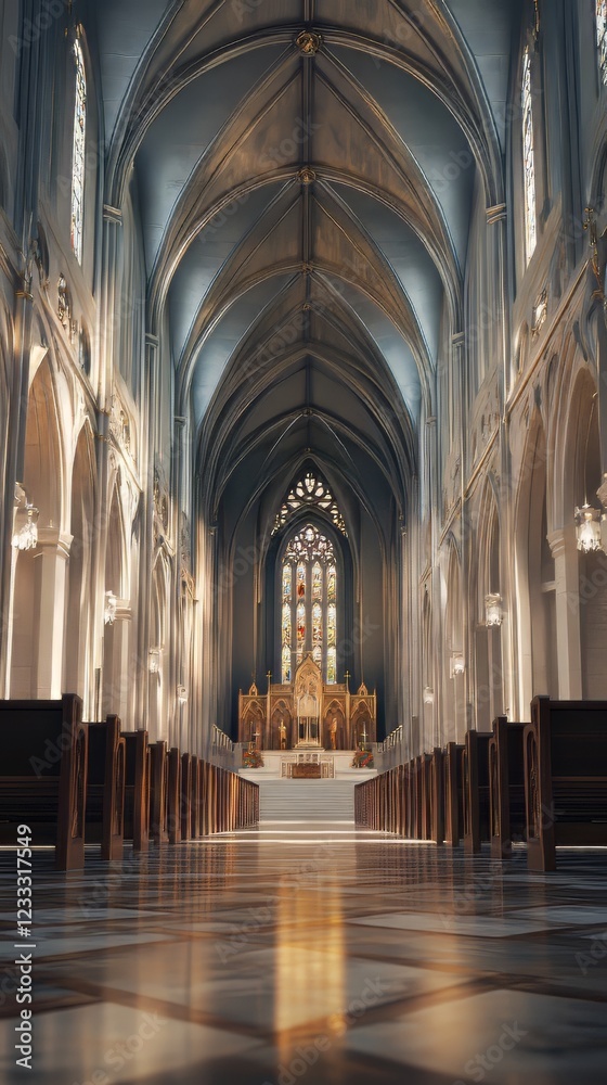 Fototapeta premium Grand church interior, sunlight beams.