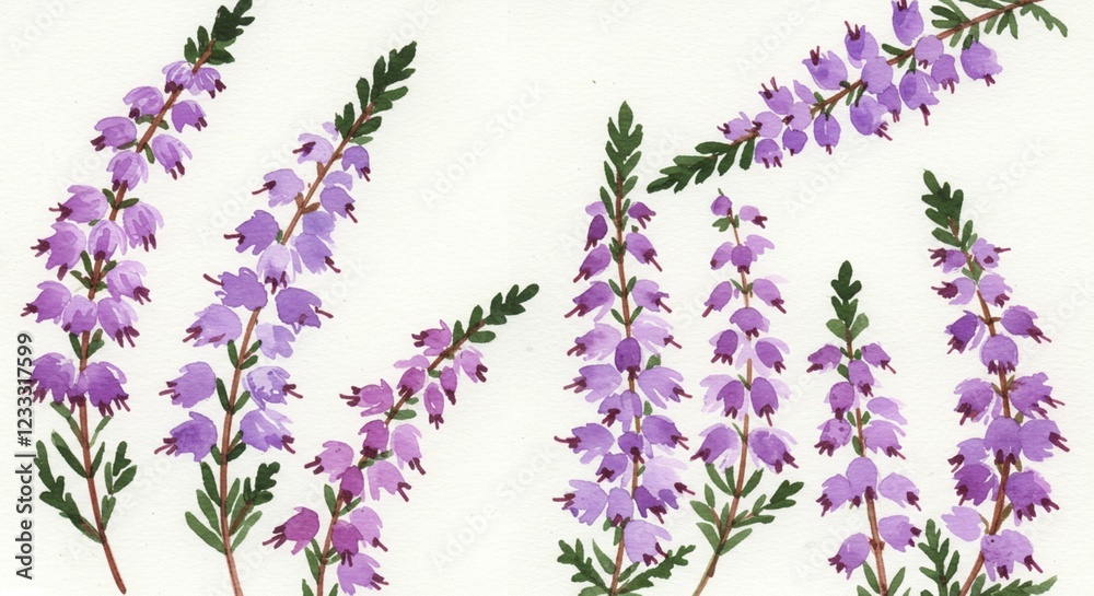 Naklejka premium Watercolor Painting of Delicate Purple Heather Flowers Botanical Illustration Nature Art Print