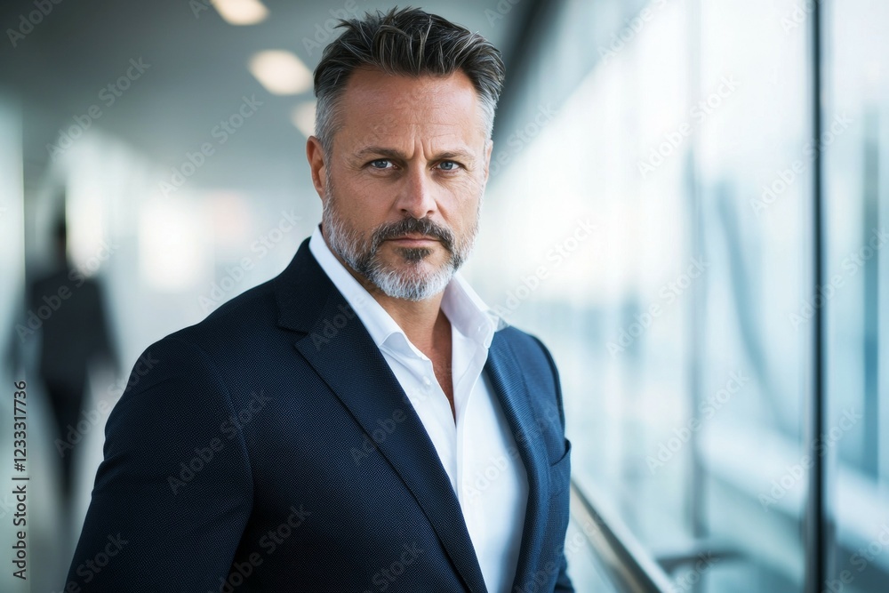 Confident mature caucasian male in business attire standing in a modern office environment Confident mature caucasian male in business attire standing in a modern office environment