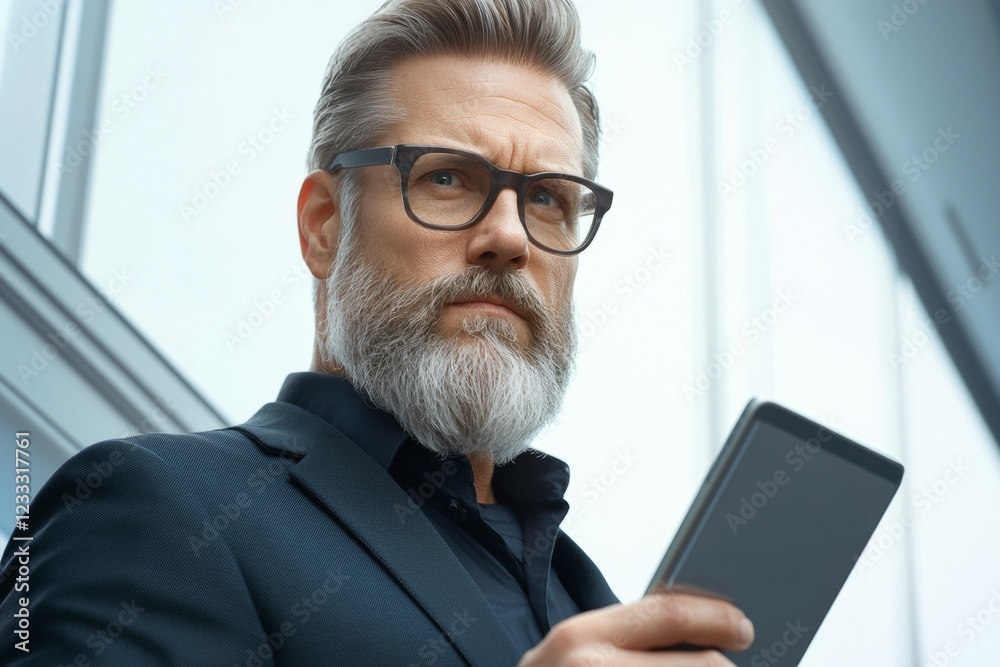 Mature caucasian male with beard and glasses holding smartphone indoors Mature caucasian male with beard and glasses holding smartphone indoors