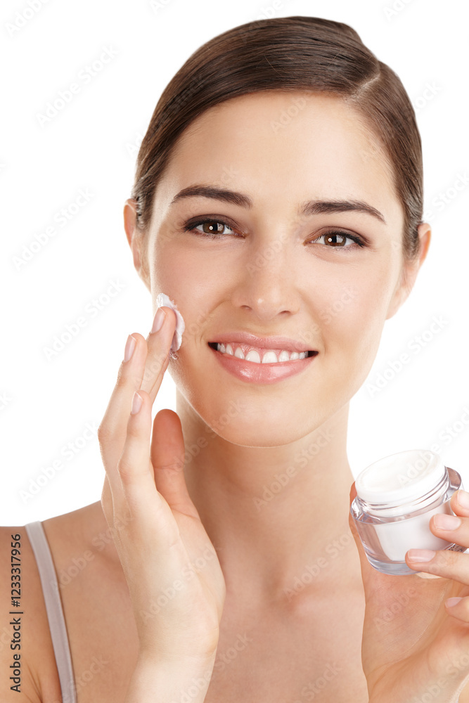Happy, face cream and portrait of woman for skincare, facial treatment and cosmetics in studio. Dermatology, spa and isolated person with anti aging moisturizer, beauty and lotion on white background Happy, face cream and portrait of woman for skincare, facial treatment and cosmetics in studio. Dermatology, spa and isolated person with anti aging moisturizer, beauty and lotion on white background