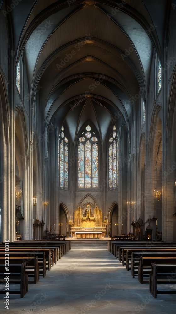 Fototapeta premium Grand church interior with stained glass