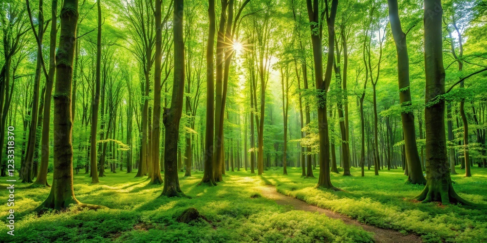 Fototapeta premium Vibrant green forest in summer Europe, green, forest, Europe, lush, trees, nature, foliage, sunny, summer, woodland, scenic