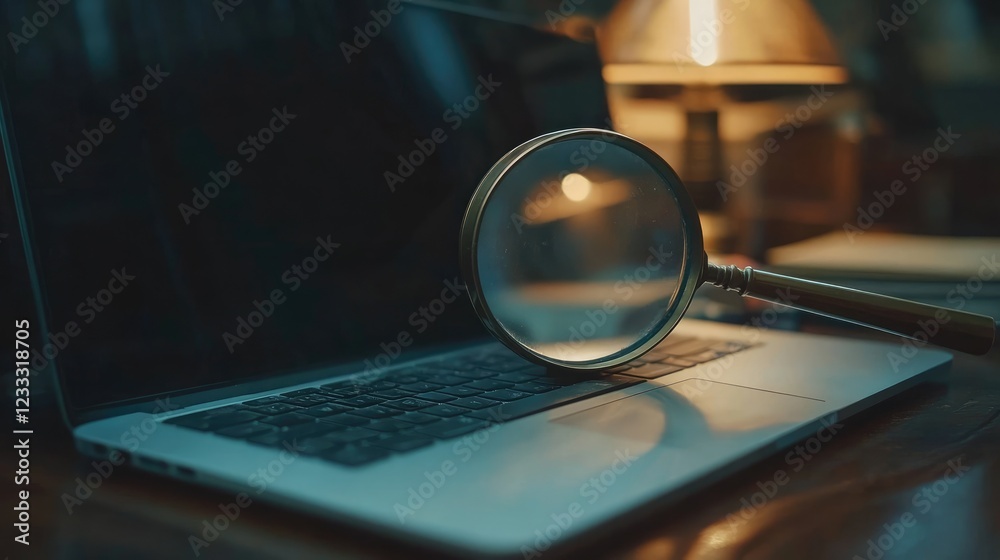 Laptop computer with magnifying glass, representing the concept of search. Laptop computer with magnifying glass, representing the concept of search.