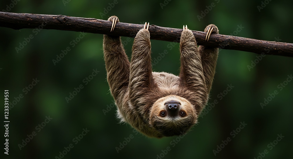 Fototapeta premium Adorable paresseux suspendu à une branche dans la forêt tropicale. Photo de stock pour la faune, les animaux sauvages, la nature et les écosystèmes tropicaux.