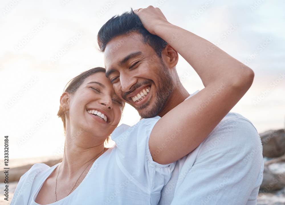Couple, hug and smile with love, beach and memory with adventure, happy or bonding on vacation in summer. People, man and woman for connection, care and eyes closed on holiday by ocean in Indonesia