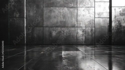 Dark metal room interior, reflective floor, urban background, product display