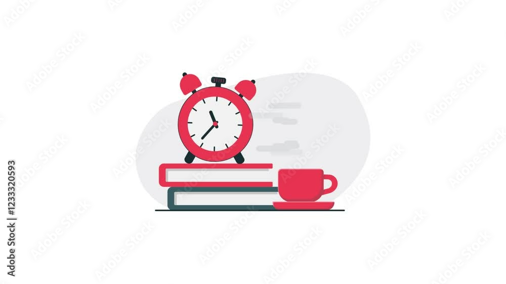 4k Books with Clock and Coffee Cup. Break Time Concept Animation Video 
