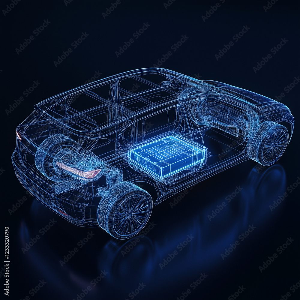 Naklejka premium wireframe of a futuristic electric sports car with its parts being shown isolated on white background
