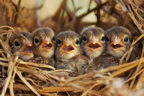 A flock of newly hatched chicks, some fully out of their shells while others peek out from cracks, nesting in a cozy straw nest photo