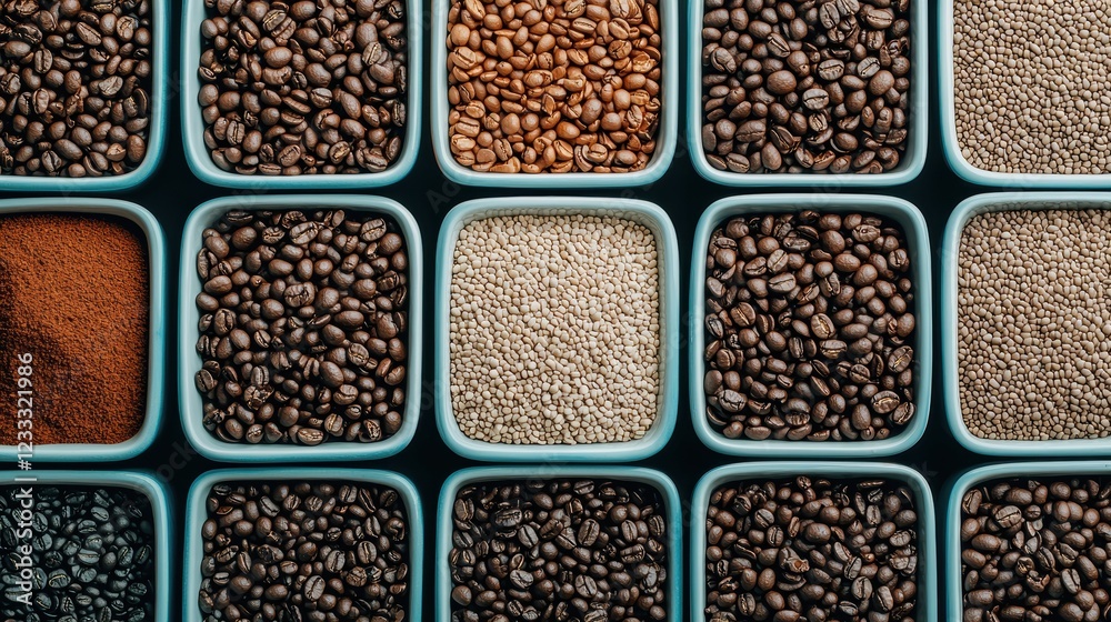 Diverse Coffee Beans and Ground Varieties in Bowls Diverse Coffee Beans and Ground Varieties in Bowls