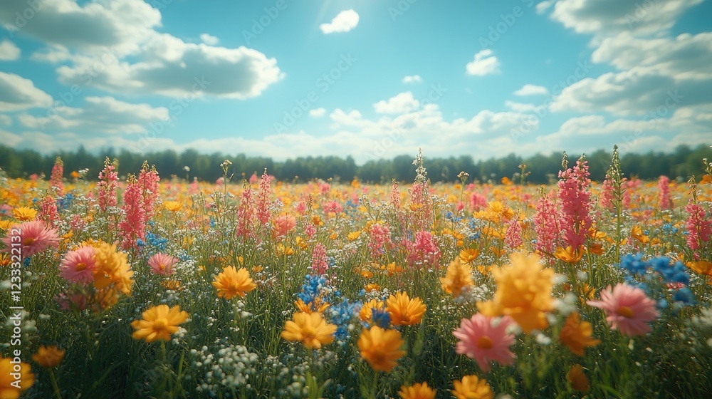 A vibrant field of diverse wildflowers under a bright blue sky with fluffy white clouds A vibrant field of diverse wildflowers under a bright blue sky with fluffy white clouds